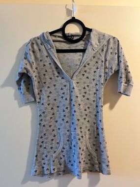 Wet Seal Gray Hooded Waffle Knit Tunic with Mini Mushroom Print